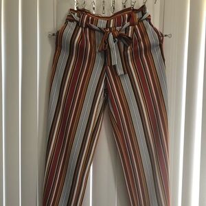 Cream and Brown Vertical Stripe Palazzo Trousers